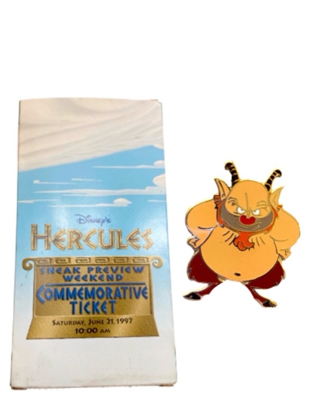 Disney Hercules Sneak‎ Preview Pin 1997 Phil w/ Ticket Packaging
